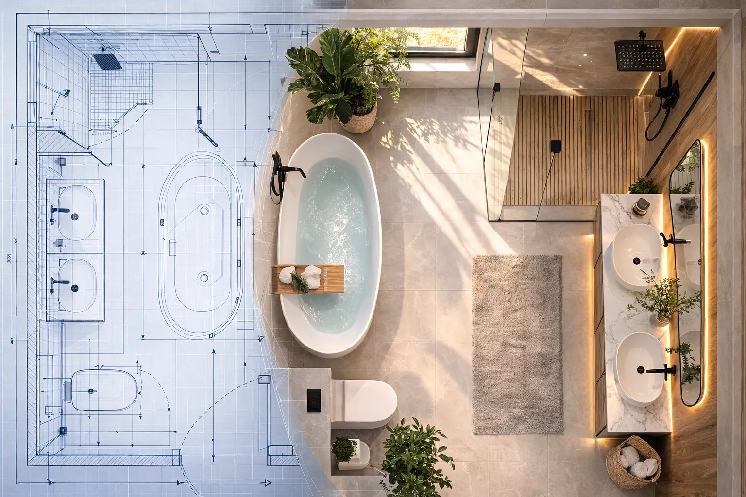 3D Grundriss für die Planung einer Badsanierung mit Badewanne, Dusche und WC