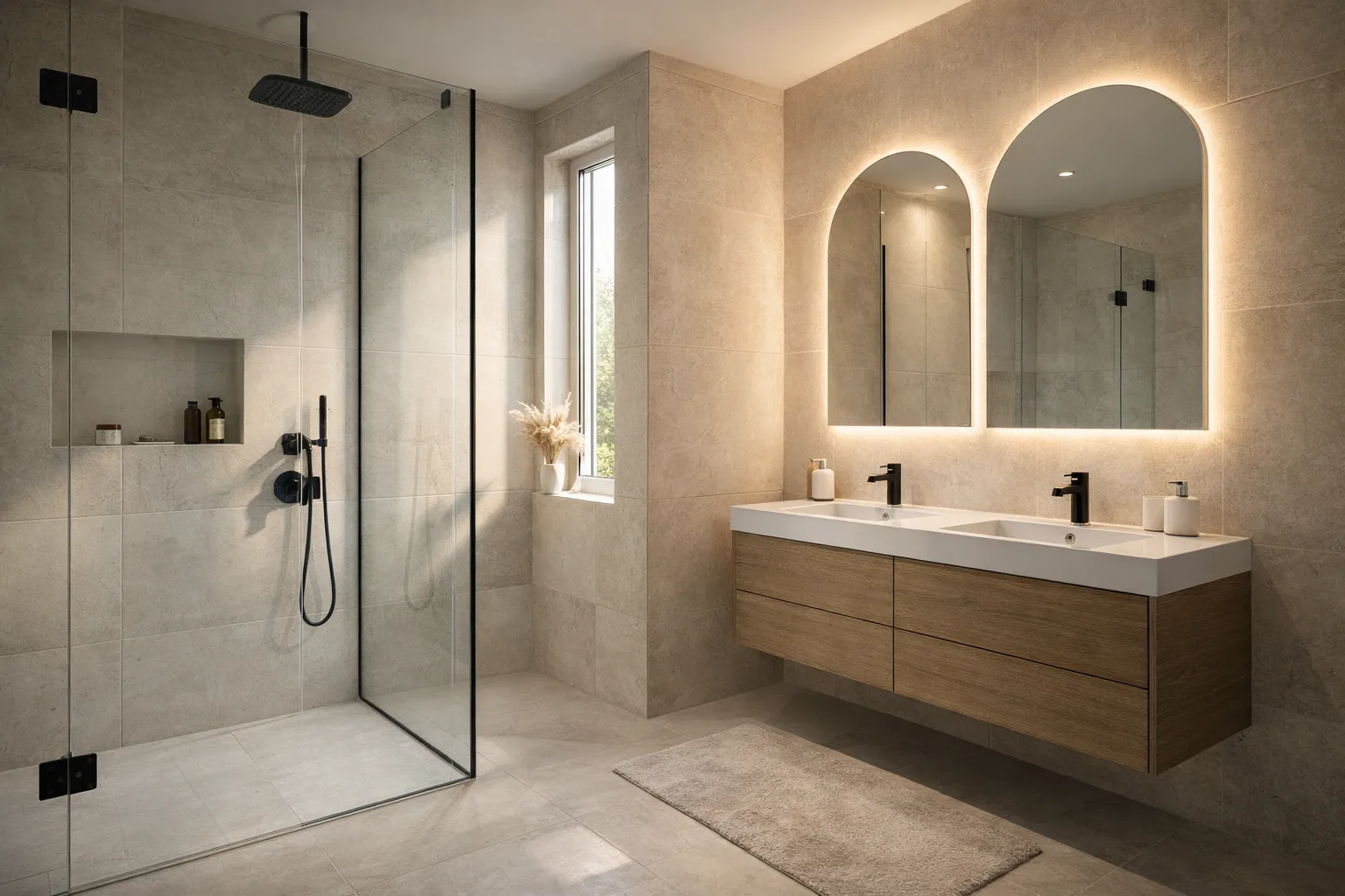 Modern renoviertes Badezimmer mit Walk-in Dusche, Doppelwaschbecken und großen Fliesen