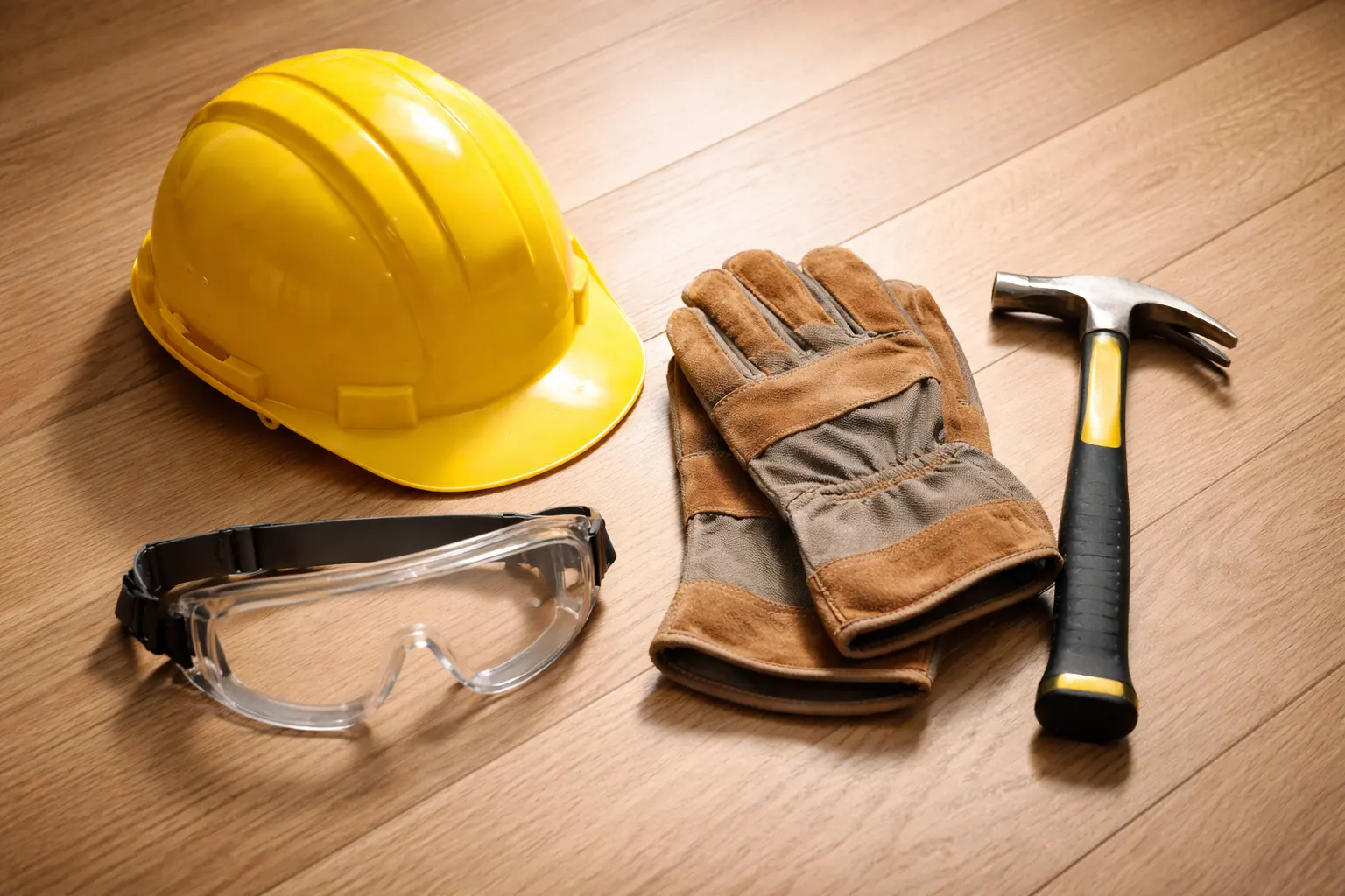 Schutzhelm, Schutzbrille, Arbeitshandschuhe und Hammer als Sicherheitsausrüstung für Heimwerkerarbeit