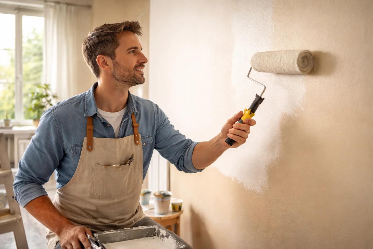 Hausbesitzer streicht eine Innenwand selbst mit einer Farbrolle während der Renovierung