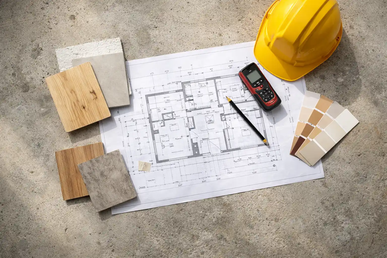 Baupläne, Materialmuster und Werkzeuge für die Planung einer Haussanierung