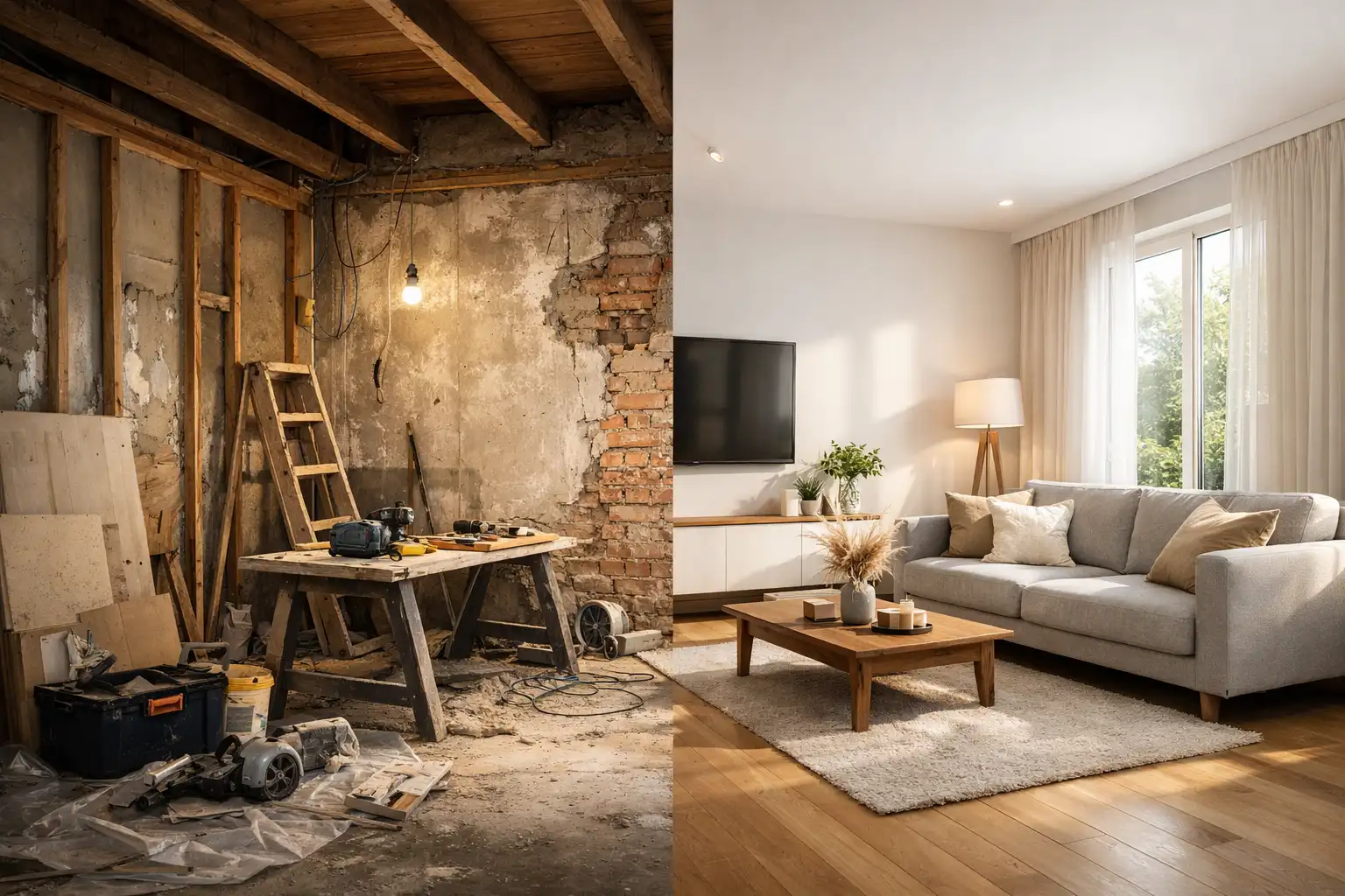 Innenraum bei einer Haussanierung: Rohbau verwandelt sich in ein modernes Wohnzimmer (Vorher-Nachher Renovierung)