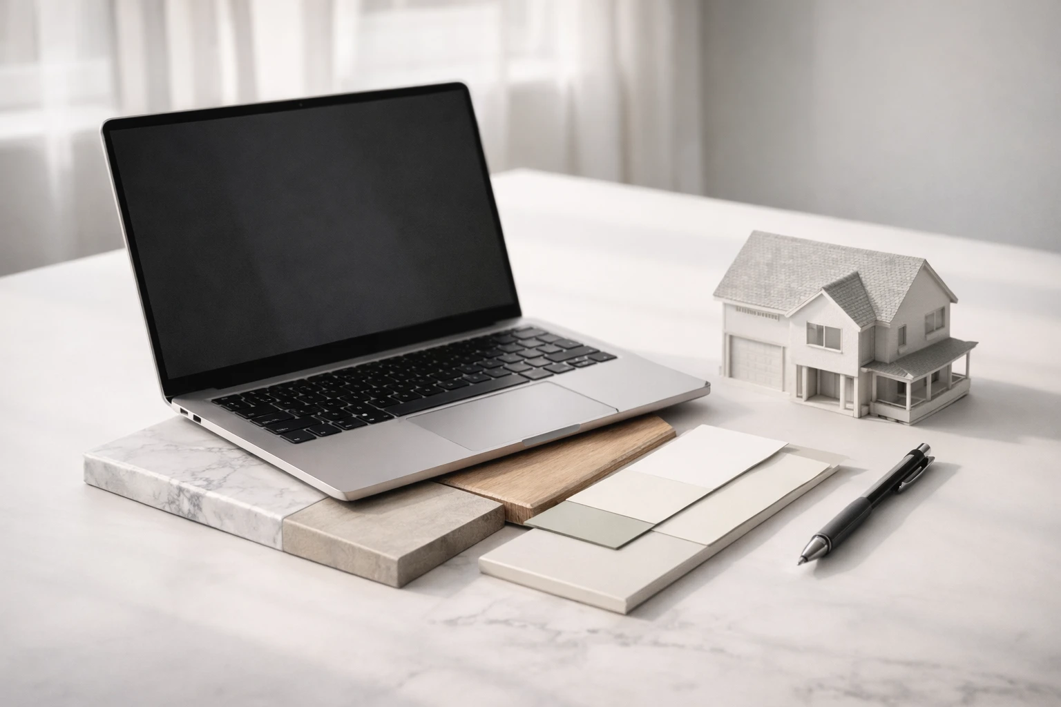 Laptop mit Materialmustern und Architekturmodell auf einem Schreibtisch zur Kalkulation von Renovierungskosten