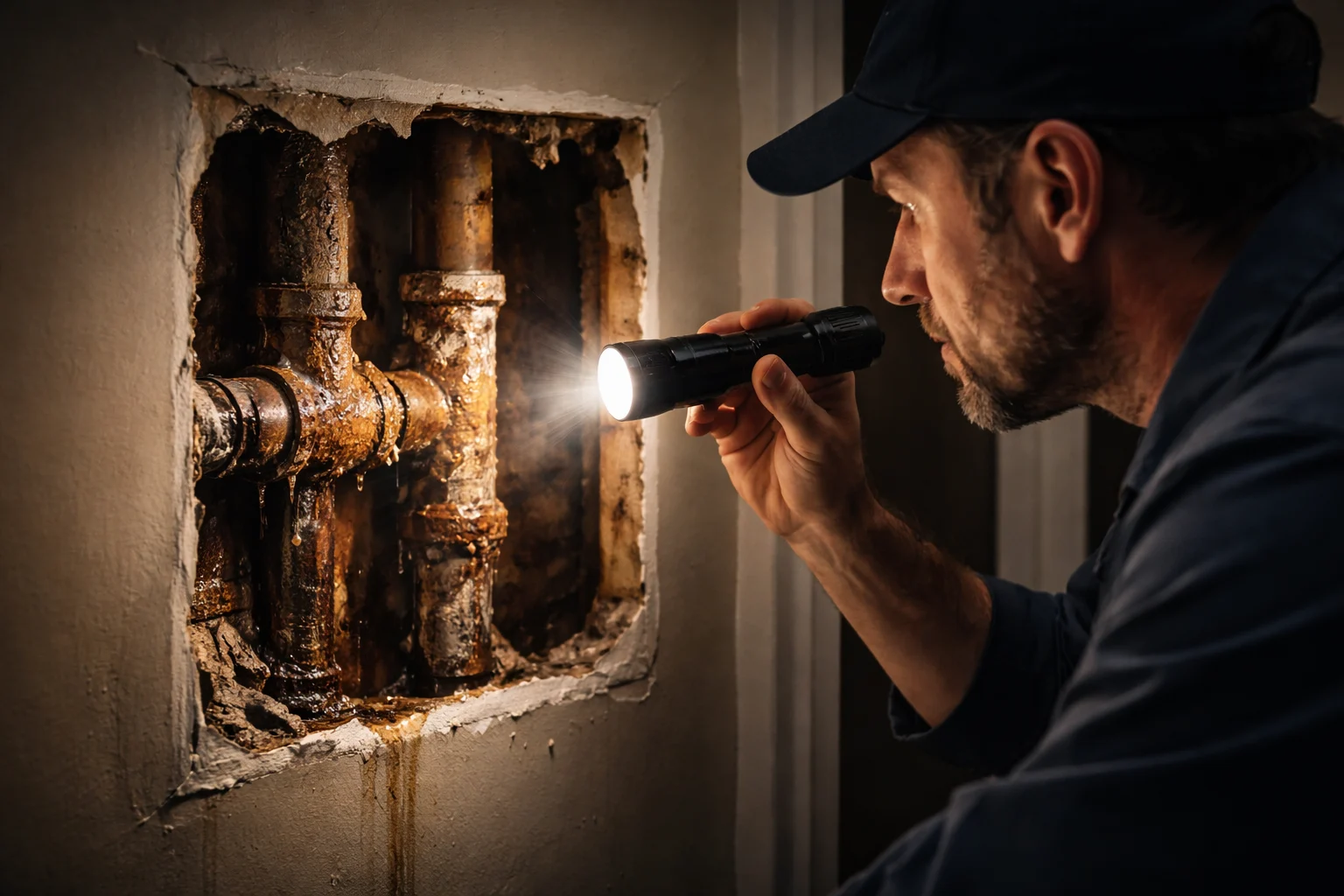 Handwerker entdeckt verrostete Wasserrohre hinter einer geöffneten Wand während einer Renovierung