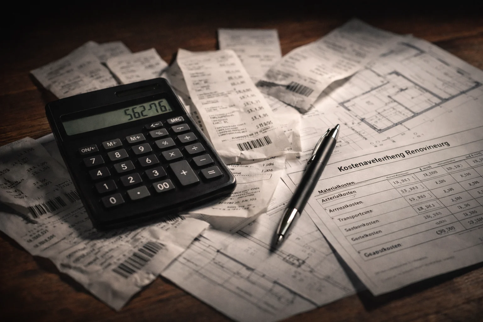 Taschenrechner, Stift und Belege auf Bauplänen zur Berechnung eines Renovierungsbudgets