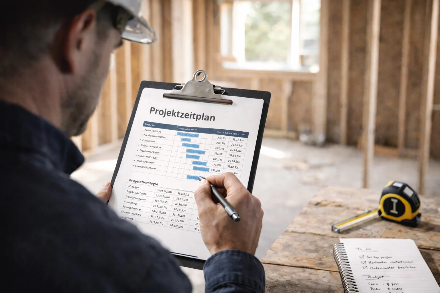Bauleiter prüft einen Projektzeitplan für eine Sanierung auf einer Baustelle