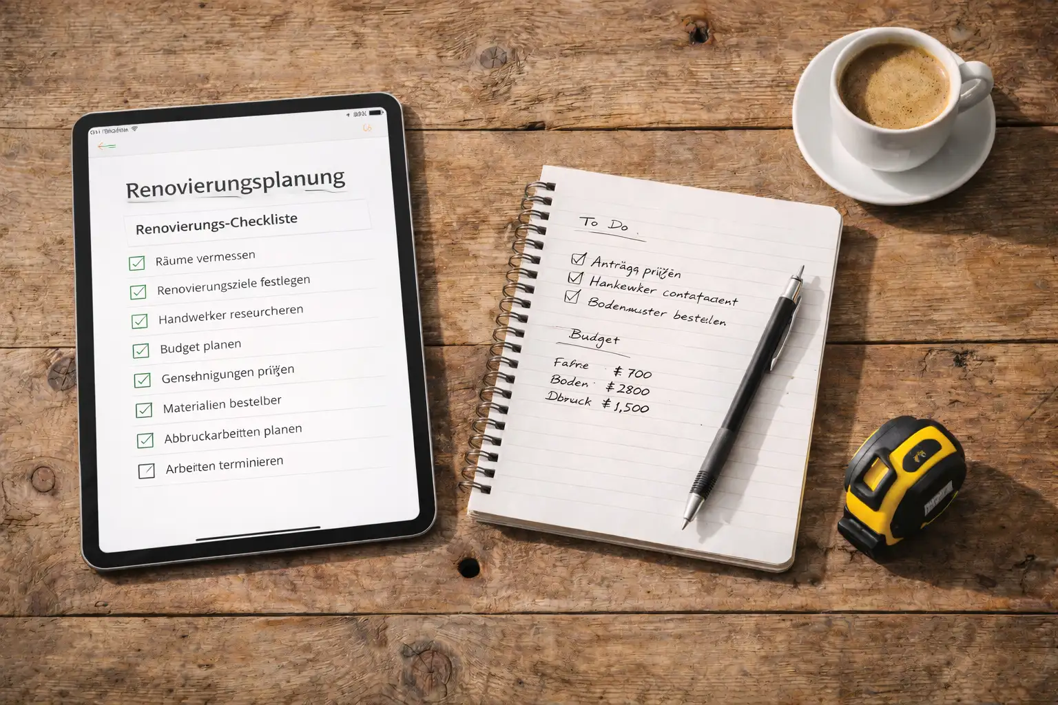 Tablet mit Renovierungs-Checkliste neben Notizbuch und Maßband zur Planung einer Sanierung