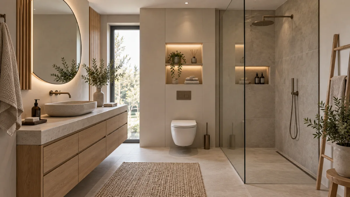 AI-designed bathroom in a minimalist Japandi style with warm neutral tones, natural wood accents, and a calm functional layout.