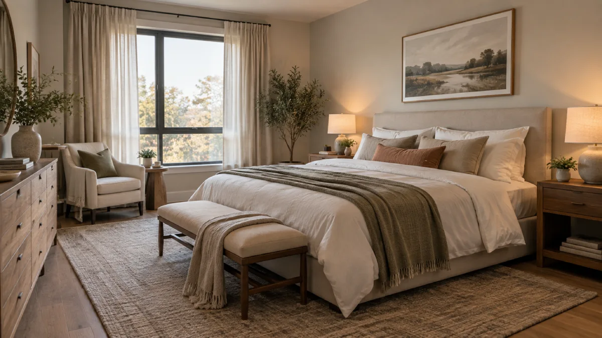 AI-designed bedroom in a contemporary cozy modern style with warm neutral colors, soft textures, and a calm inviting layout.