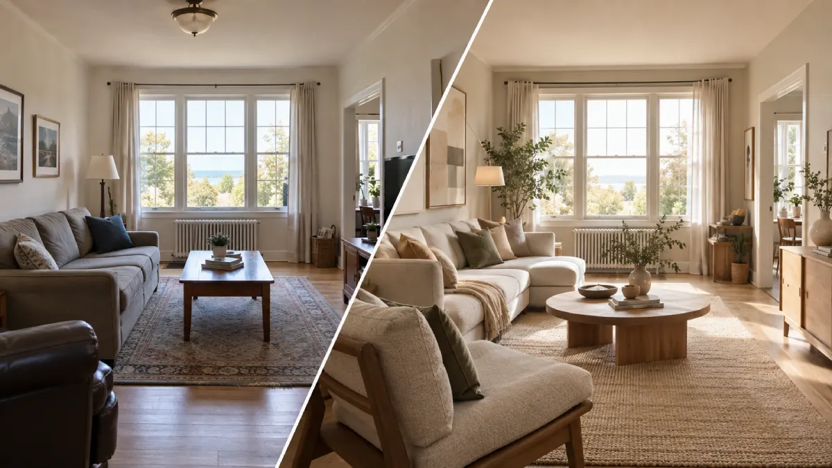 Before and after AI interior design of the same living room in a warm Scandinavian style.