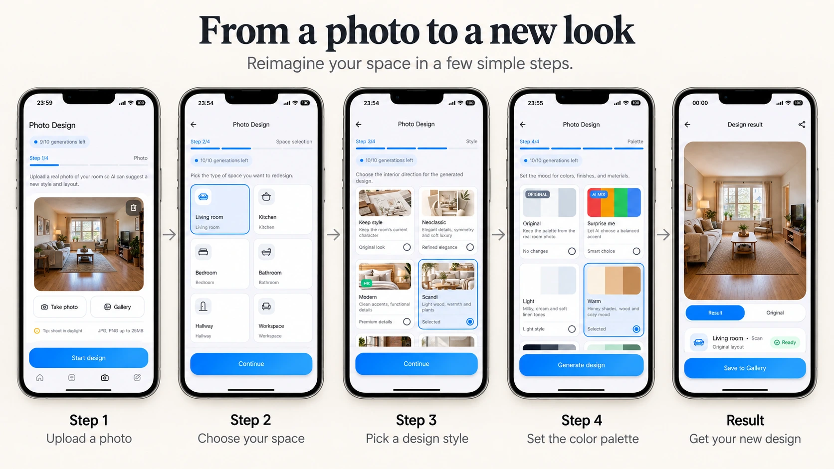 Step-by-step AI interior design workflow in the Re:Build app, from uploading a room photo and choosing a space, style, and color palette to viewing the final design result.
