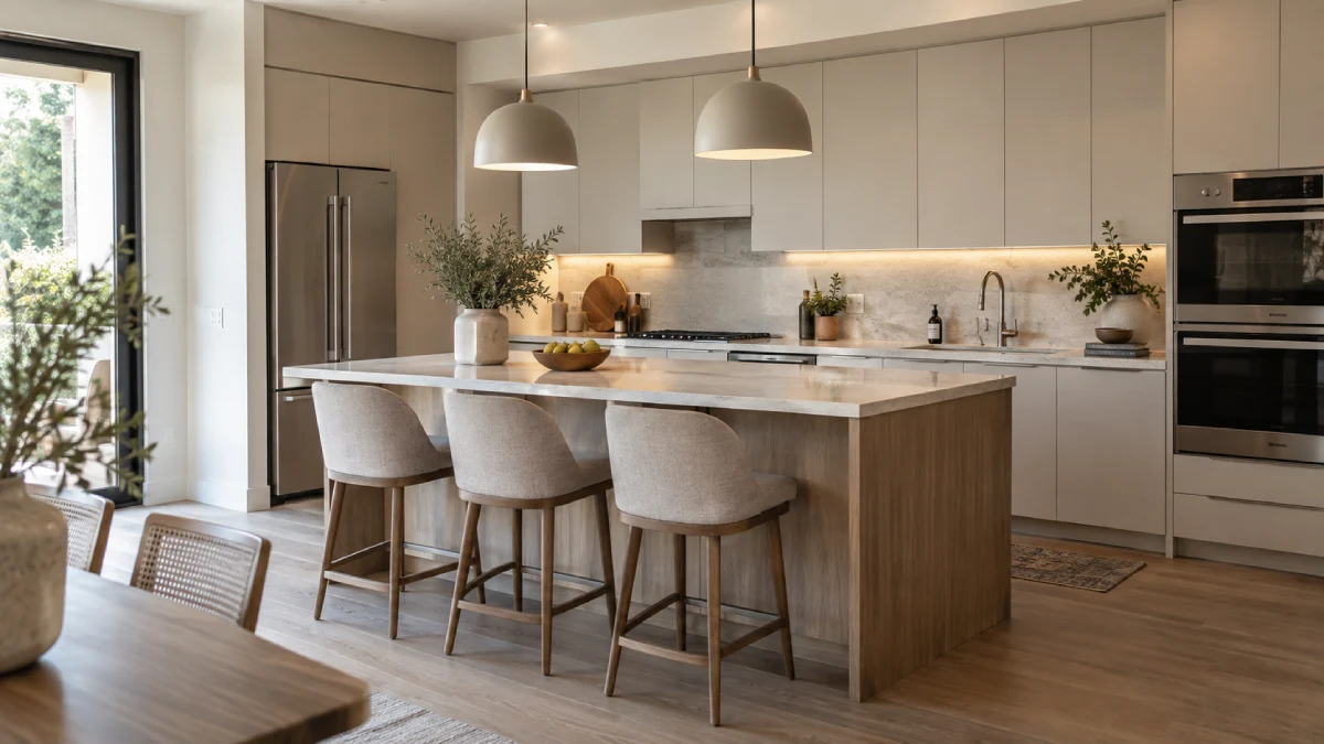 AI-designed kitchen in a modern style with warm neutral colors, clean cabinetry, and a practical contemporary layout.