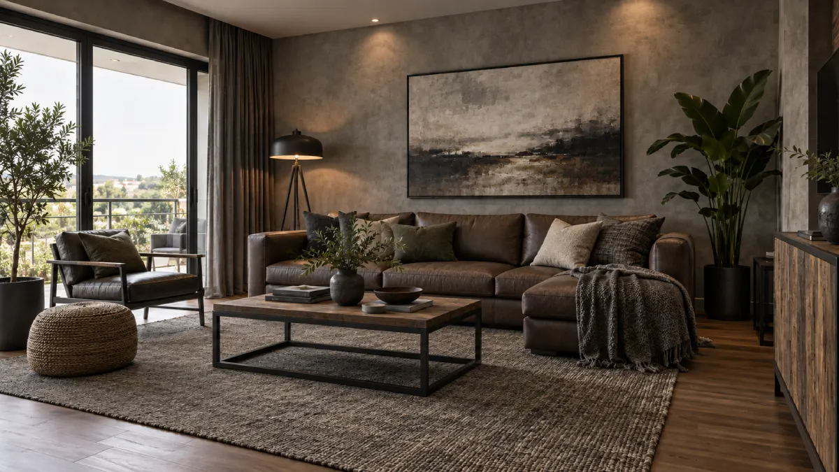 AI-designed living room in an industrial style with darker tones, black metal accents, and warm wood details.