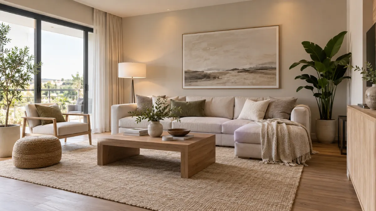 AI-designed living room in a modern style with clean lines, neutral tones, and a refined contemporary layout.