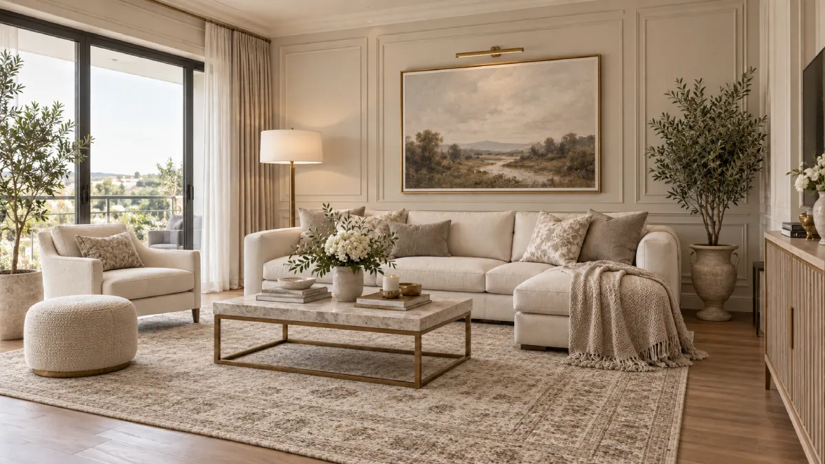 AI-designed living room in a modern neoclassical style with elegant wall detailing, soft neutral colors, and refined furnishings.