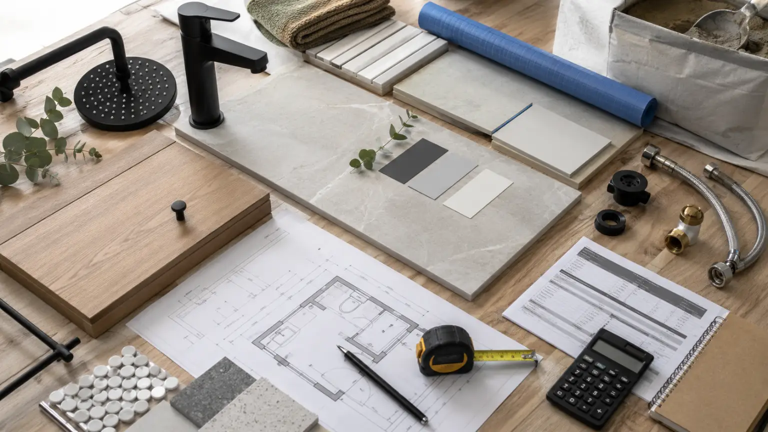 Bathroom renovation materials, matte black fixtures, tile samples, floor plans, measuring tape and calculator arranged on a timber workbench
