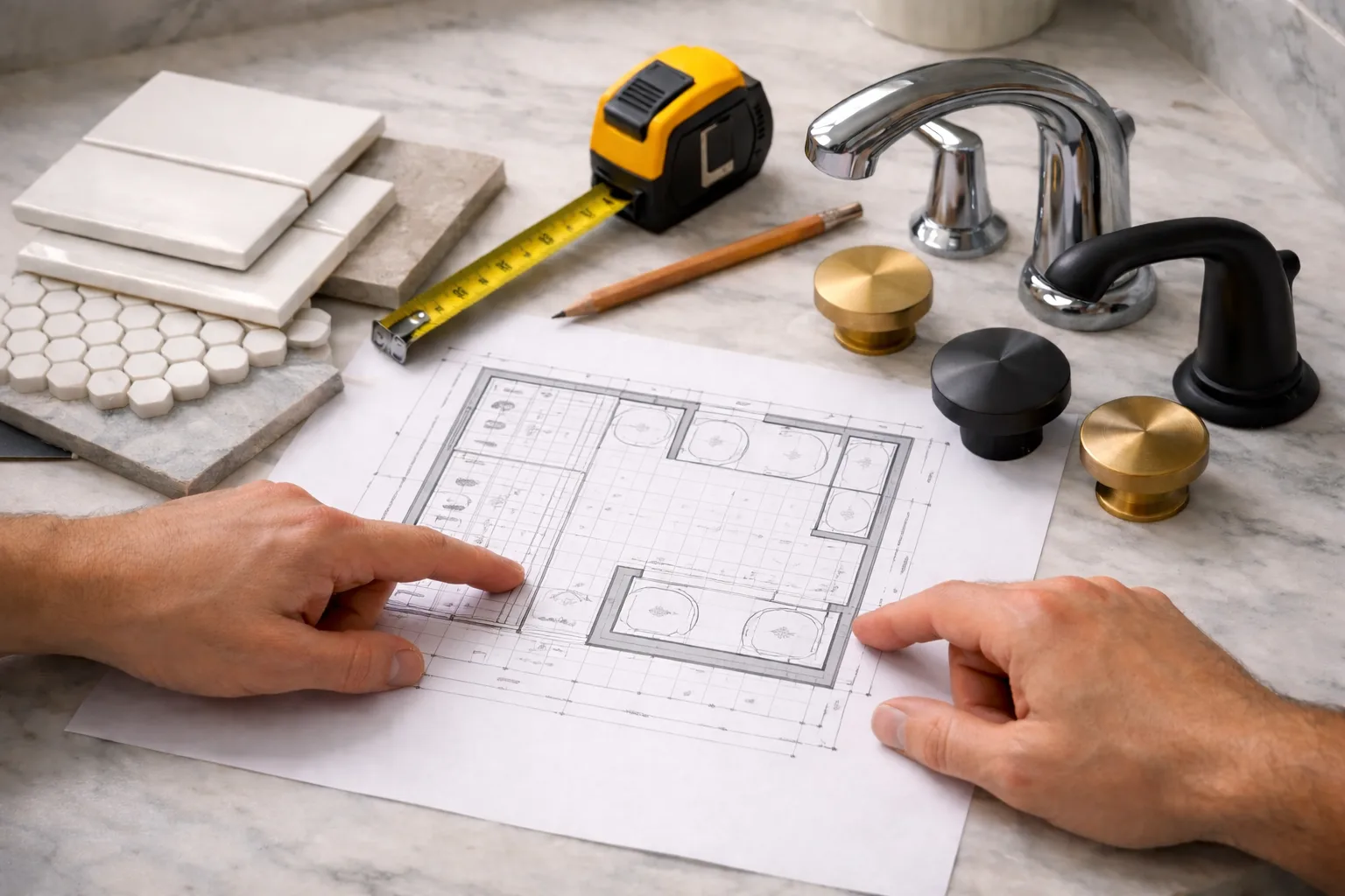 Bathroom remodel planning scene with blueprints, measuring tape, tile samples