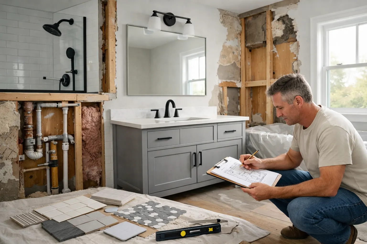 Modern bathroom renovation in progress and a homeowner reviewing renovation plans