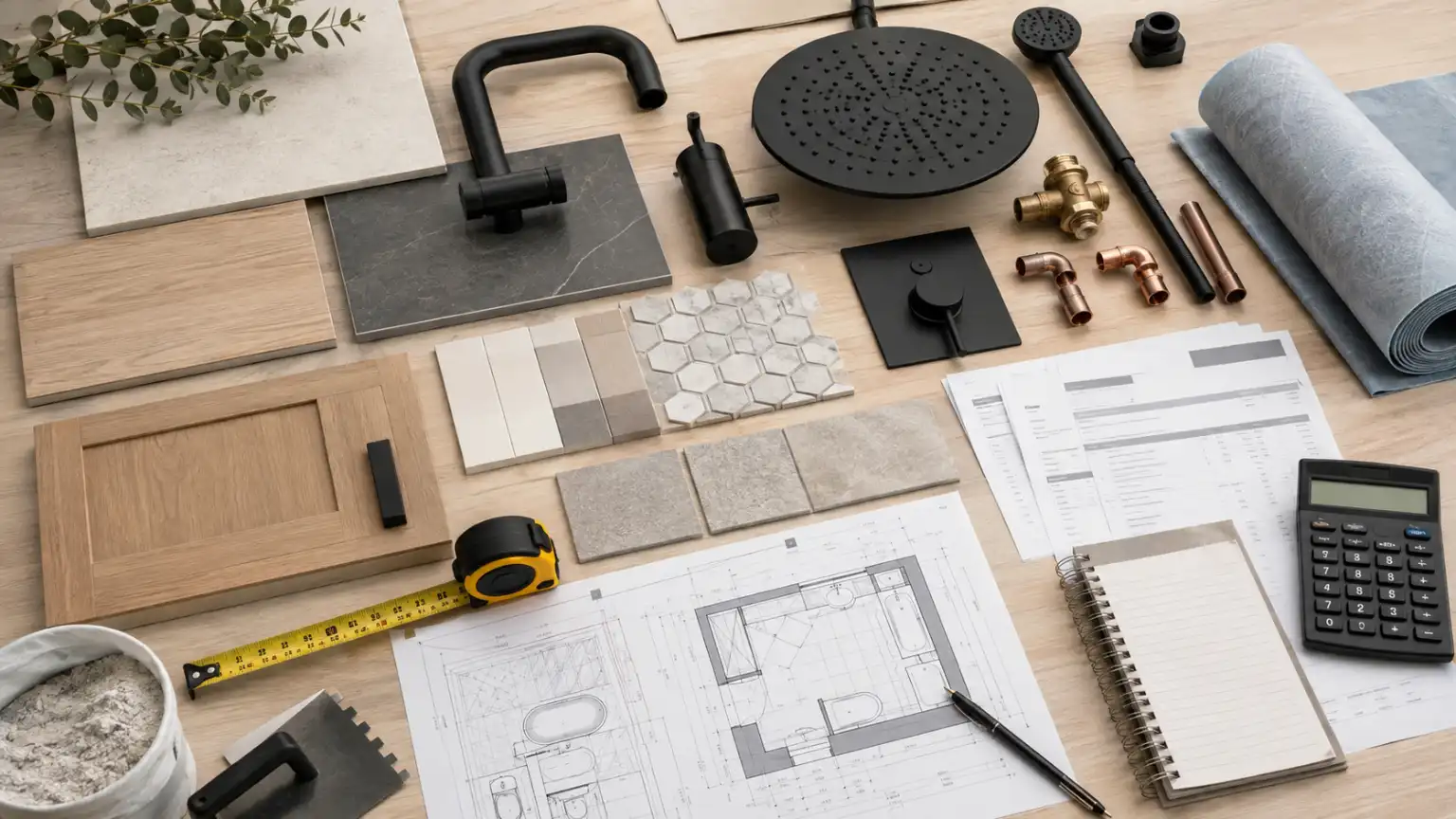 Bathroom renovation materials and budgeting tools with tile samples, fixtures, floor plans, measuring tape and calculator