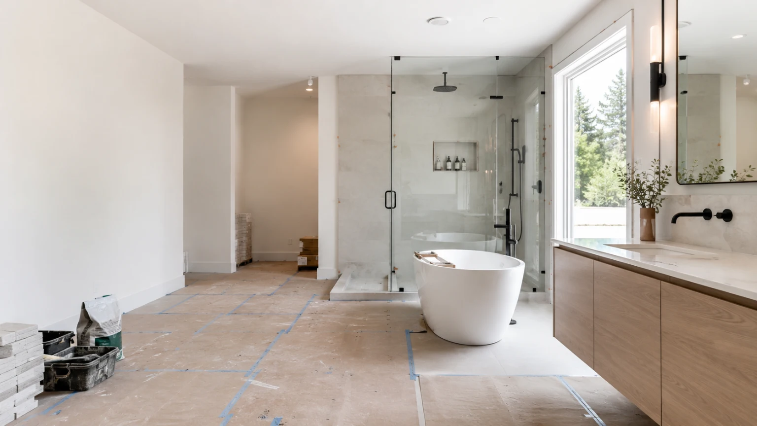 Modern bathroom under renovation with a freestanding bathtub, glass walk-in shower, timber vanity and construction materials