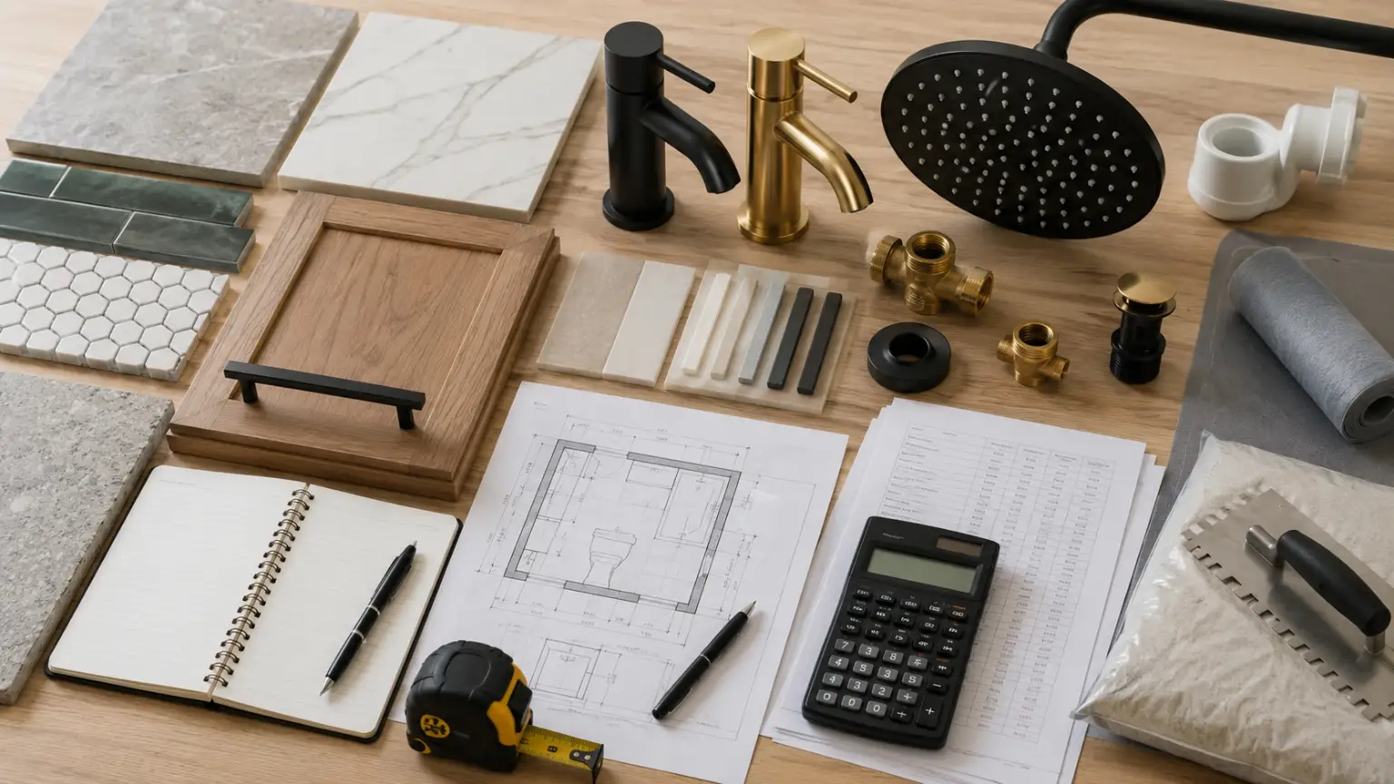 Bathroom renovation materials, fixtures, plans and budgeting tools arranged on a timber workbench