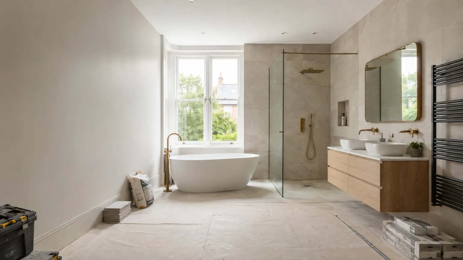 Modern bathroom under renovation with a freestanding bathtub, walk-in shower, double vanity and construction materials
