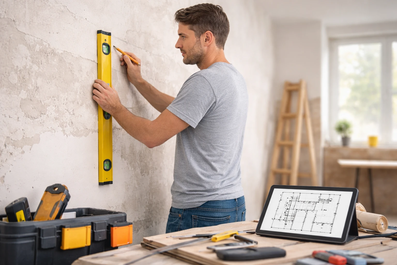 A homeowner happily painting a wall