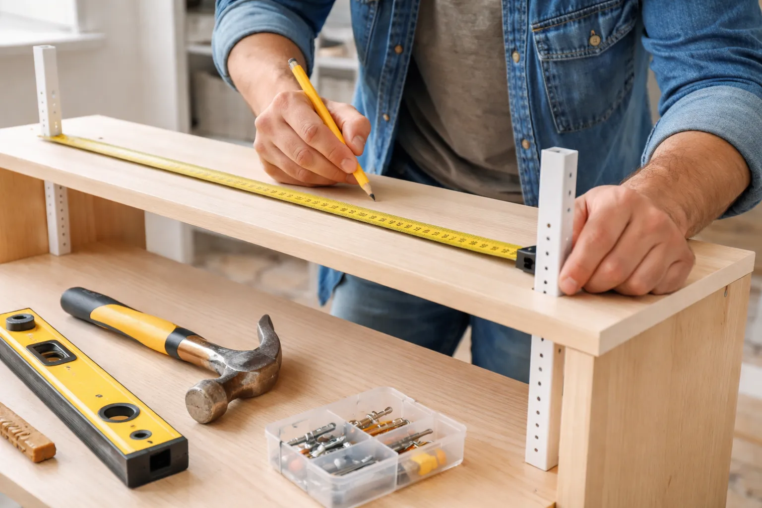 Homeowner using basic tools to work on a small DIY home improvement project, assembling shelves during a home renovation task