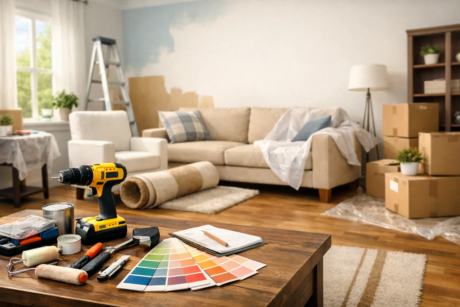 Process of planning a home improvement project with sketches and tools