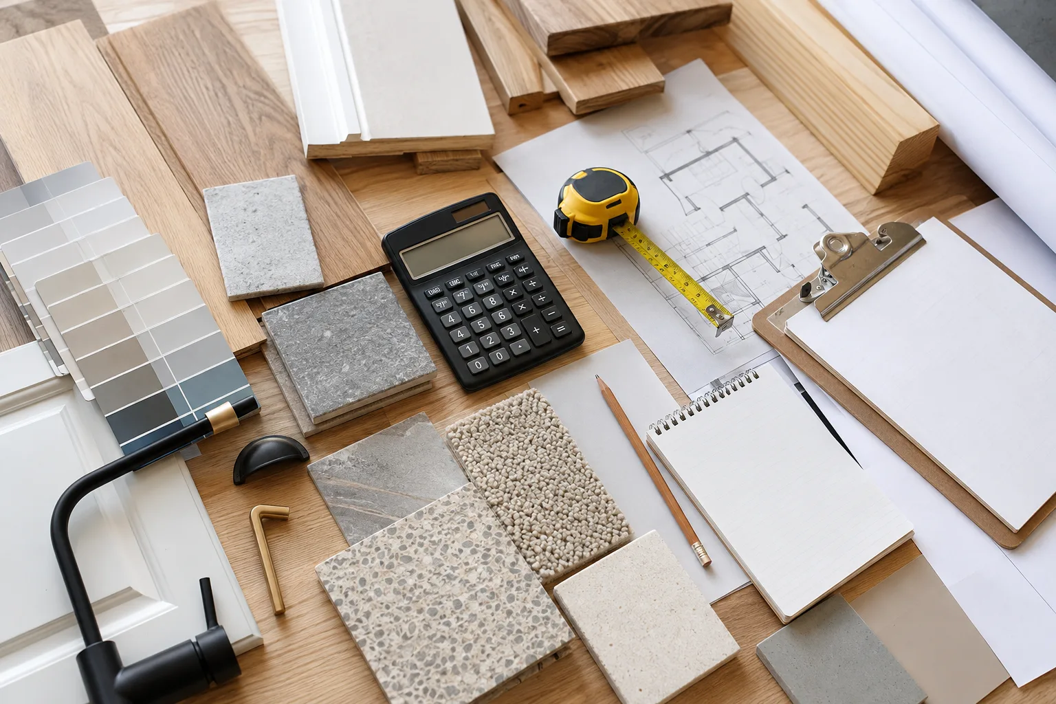 Renovation budgeting materials arranged with a calculator, tape measure, samples, and plans.