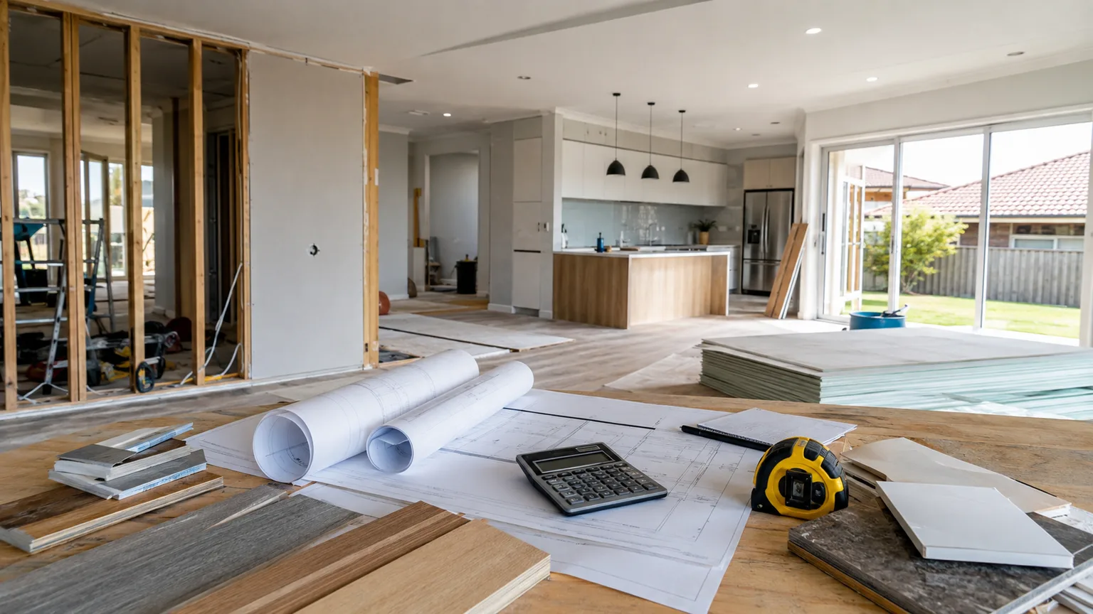 An Australian home renovation in progress with plans, building materials, and budgeting tools on site.