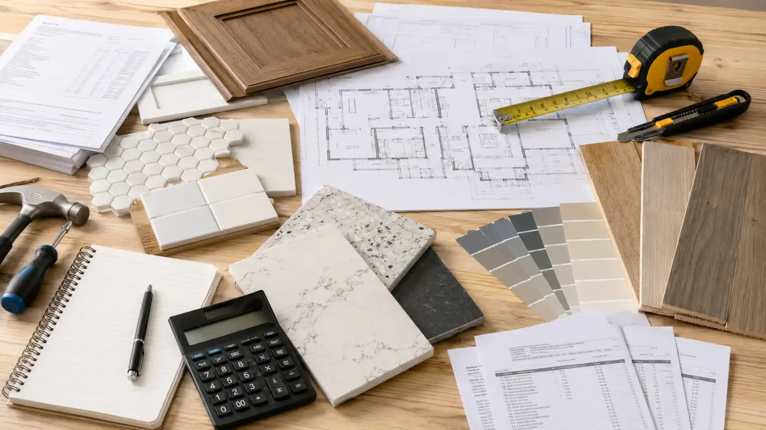 Home renovation materials, floor plans and budgeting tools with flooring, tile, paint and countertop samples arranged on a timber workbench