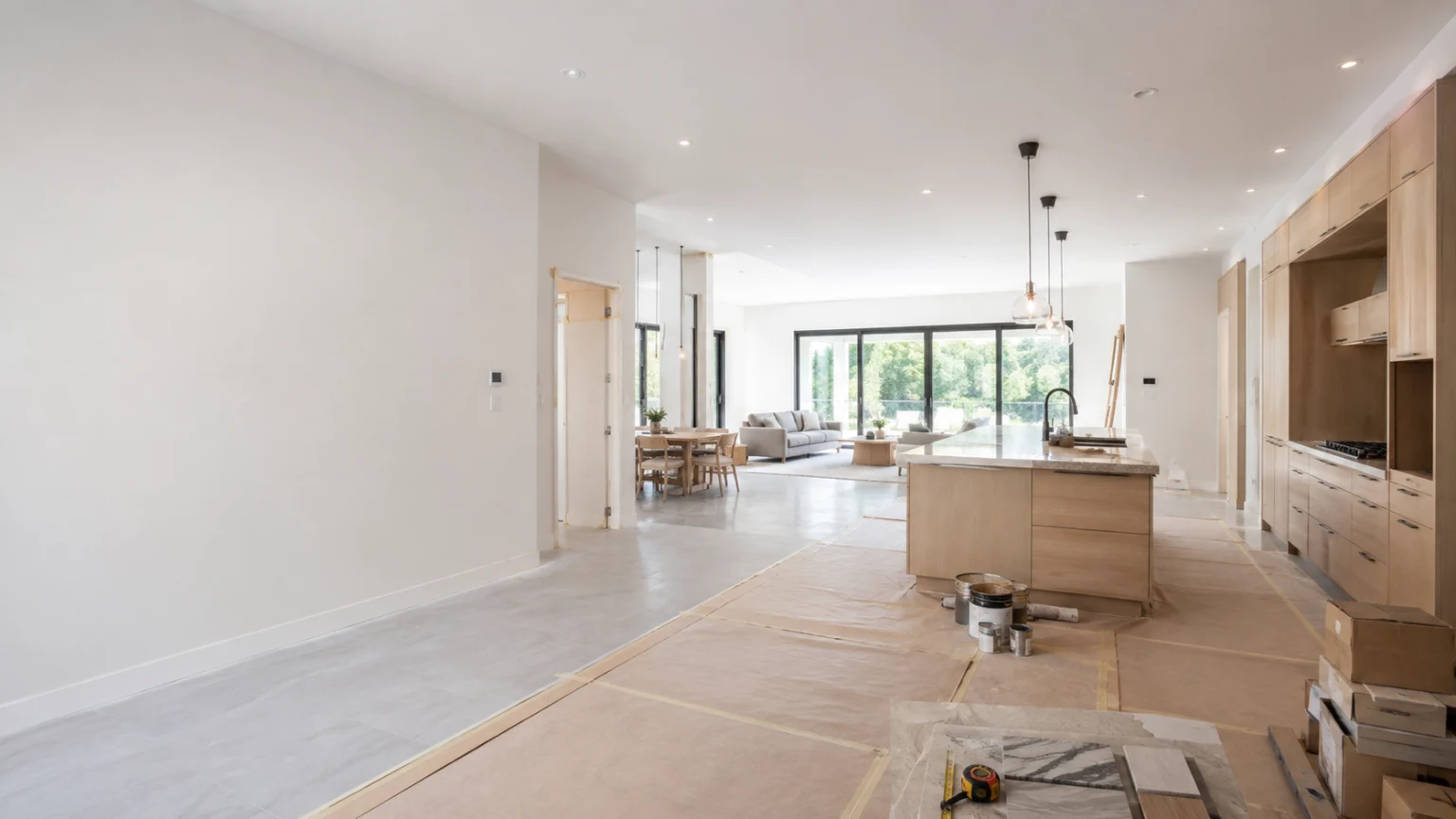 Modern open-plan Canadian home under renovation with a contemporary kitchen, living area, protective floor covering and renovation materials