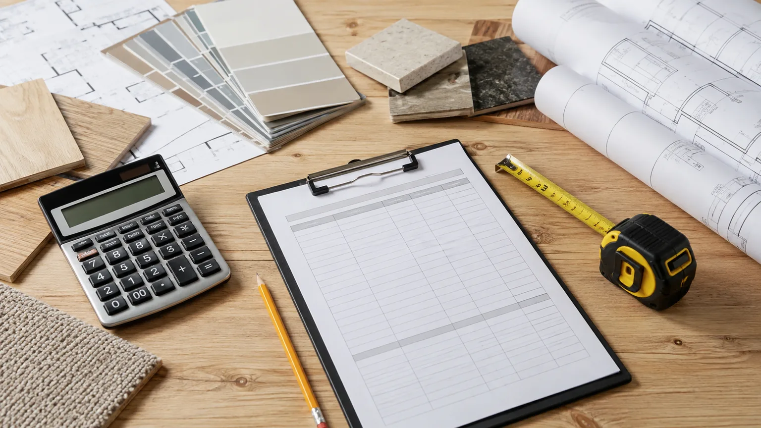 Budget planning items for a home renovation, including a calculator, tape measure, swatches, and project notes.