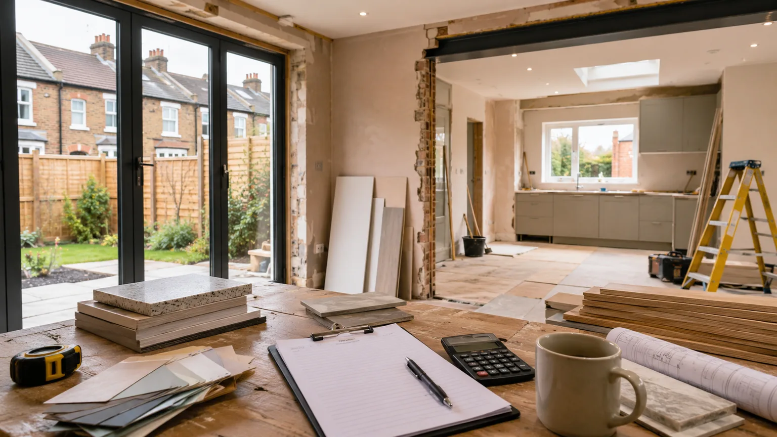 A UK home renovation in progress with materials, plans, and budgeting documents on a work surface.