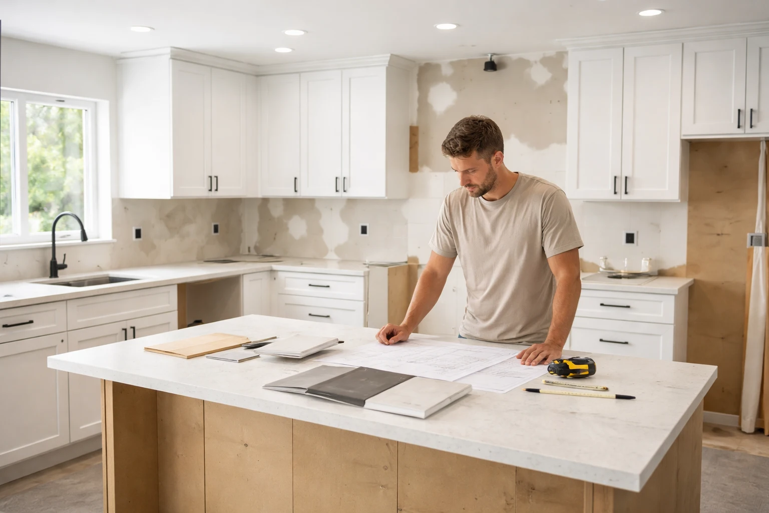 Homeowner reviewing kitchen floor plans and material samples