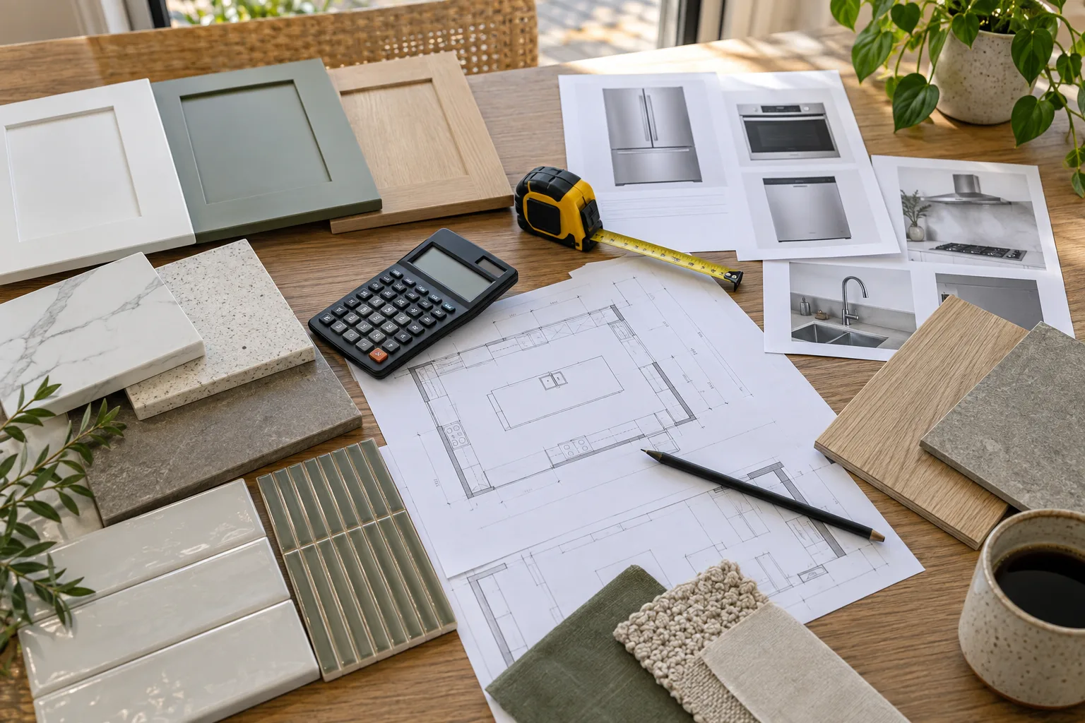 Kitchen plans, calculator and finish samples arranged for renovation budget planning.