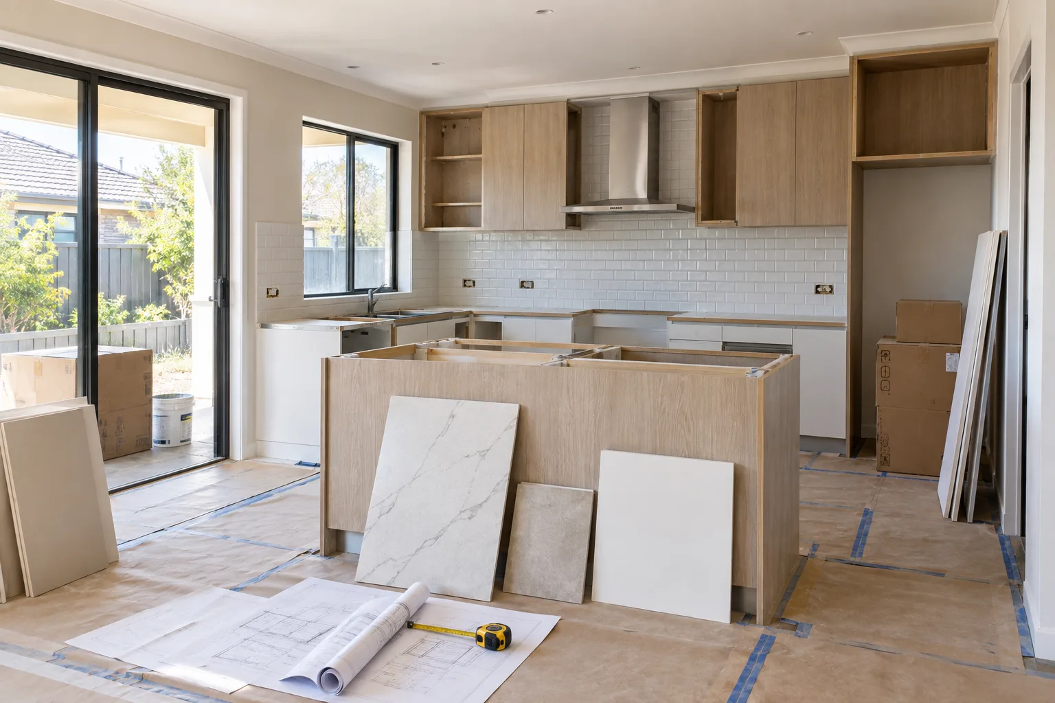 Australian kitchen renovation in progress with new cabinetry, materials and plans ready for installation.