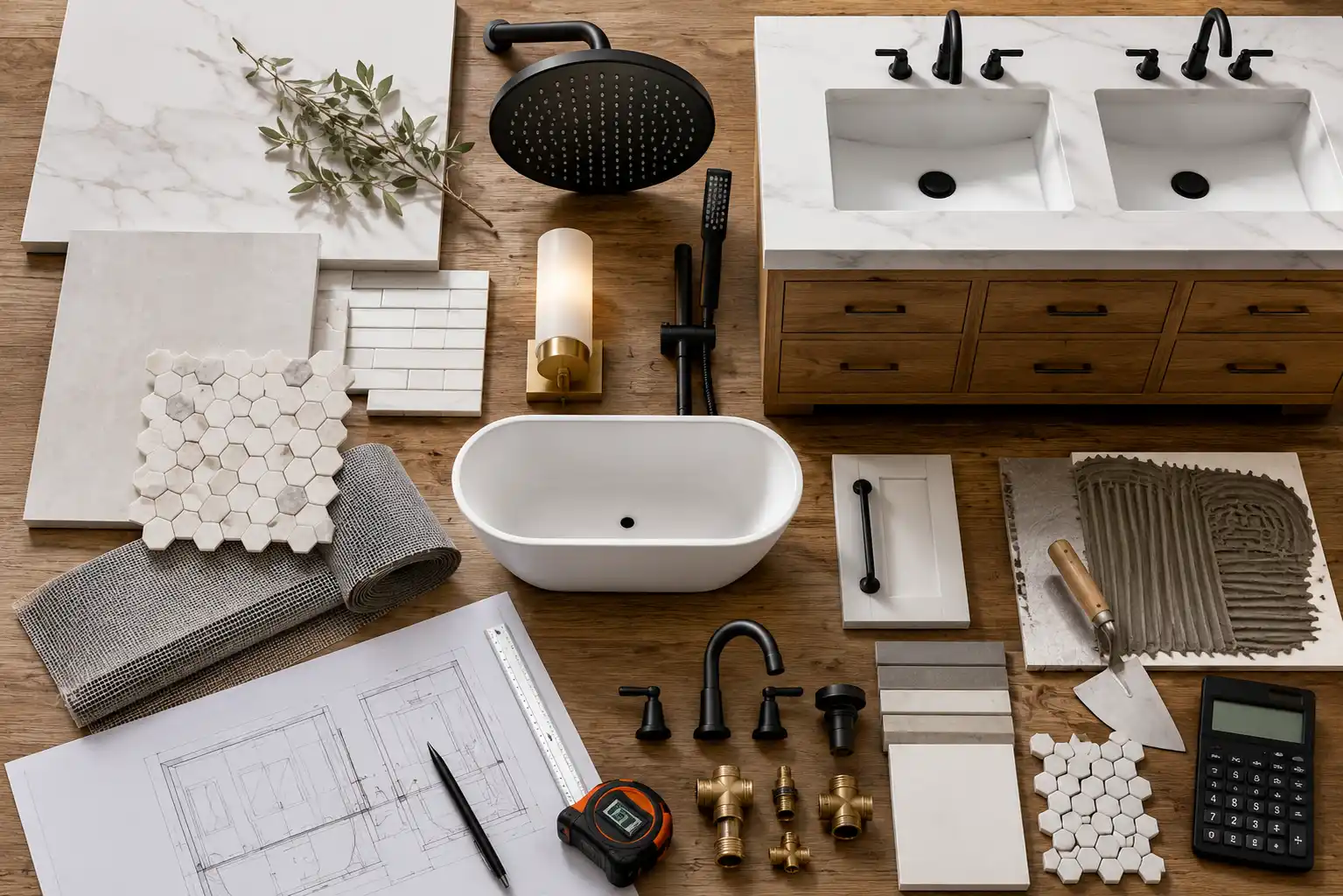 Bathroom remodeling materials, fixtures and renovation plans prepared for a primary bathroom cost estimate