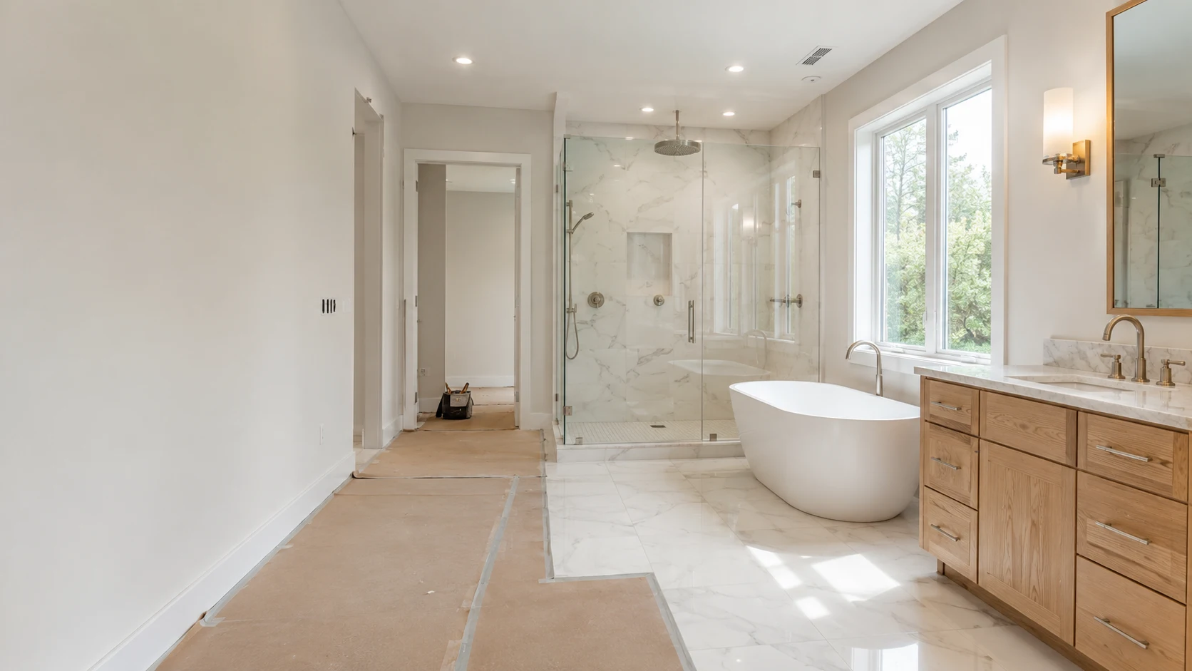 Spacious primary bathroom with a walk-in shower, freestanding bathtub and double vanity during renovation
