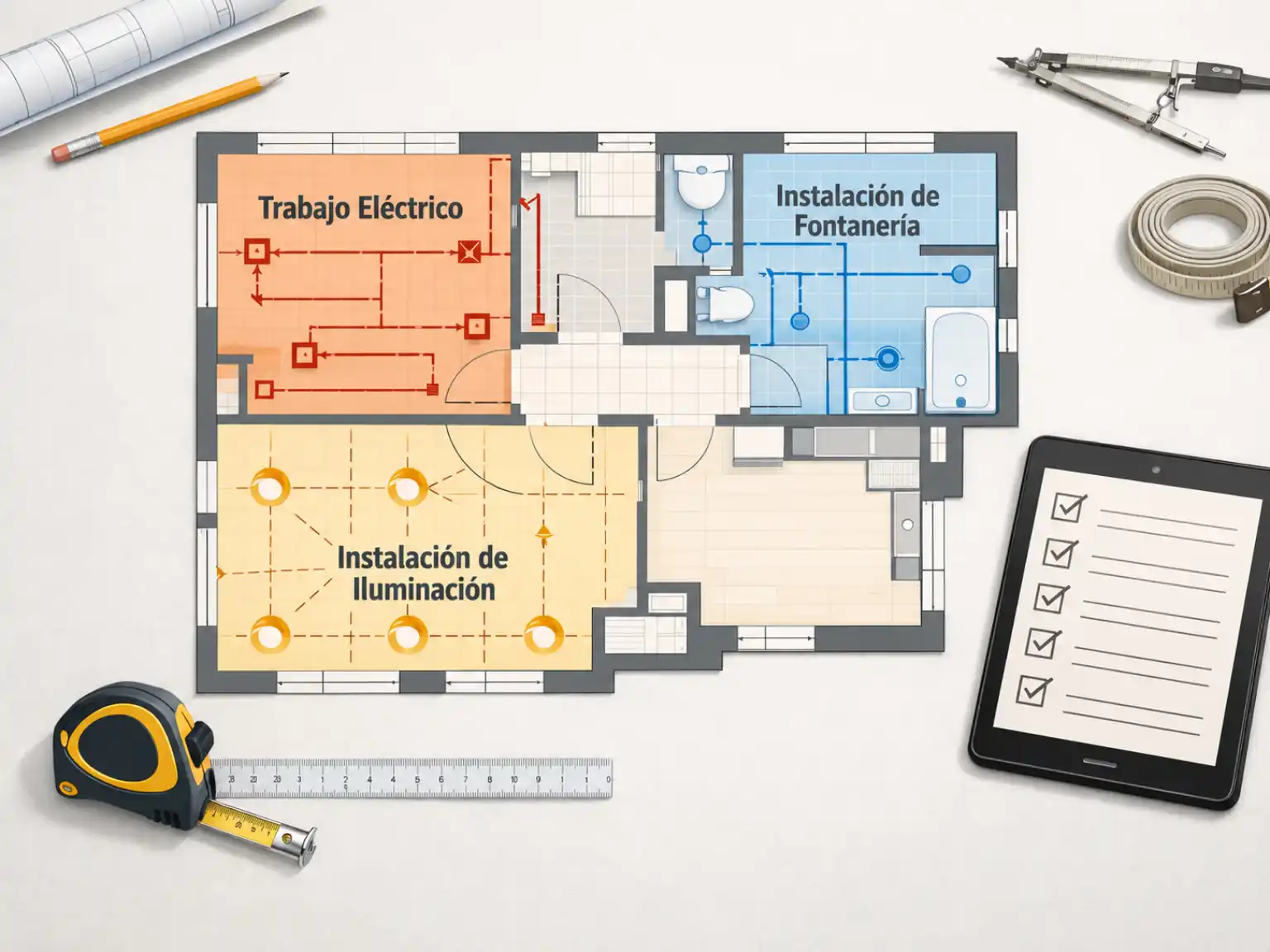 Checklist de reforma de vivienda con plano, instalaciones eléctricas, fontanería e iluminación