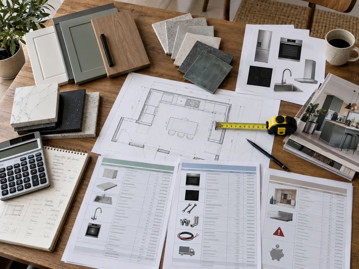 Budget de rénovation de cuisine avec calculatrice, plans, échantillons de matériaux et choix d'électroménager.