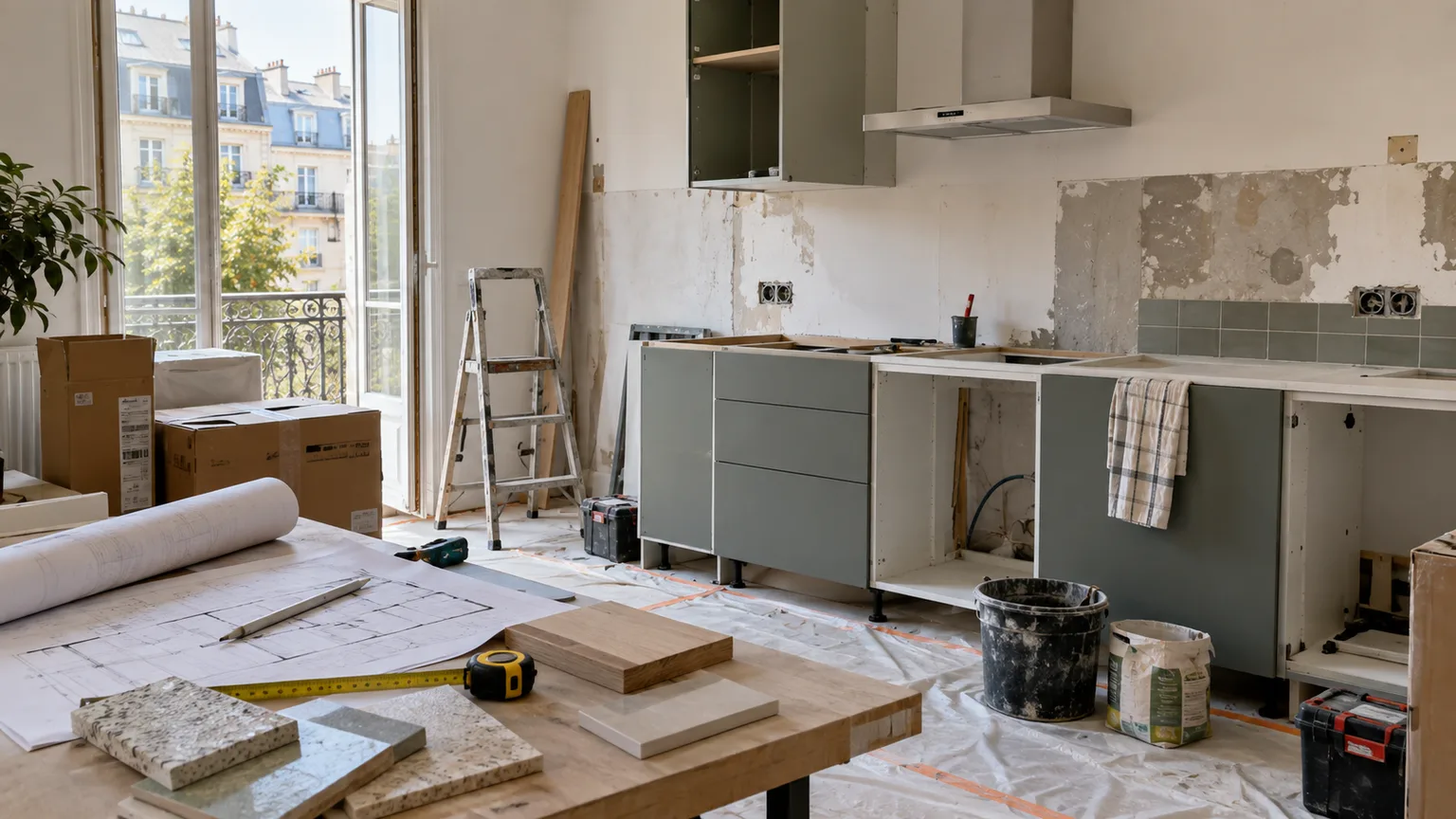 Cuisine en rénovation avec meubles, plan de travail, matériaux et plans de chantier.