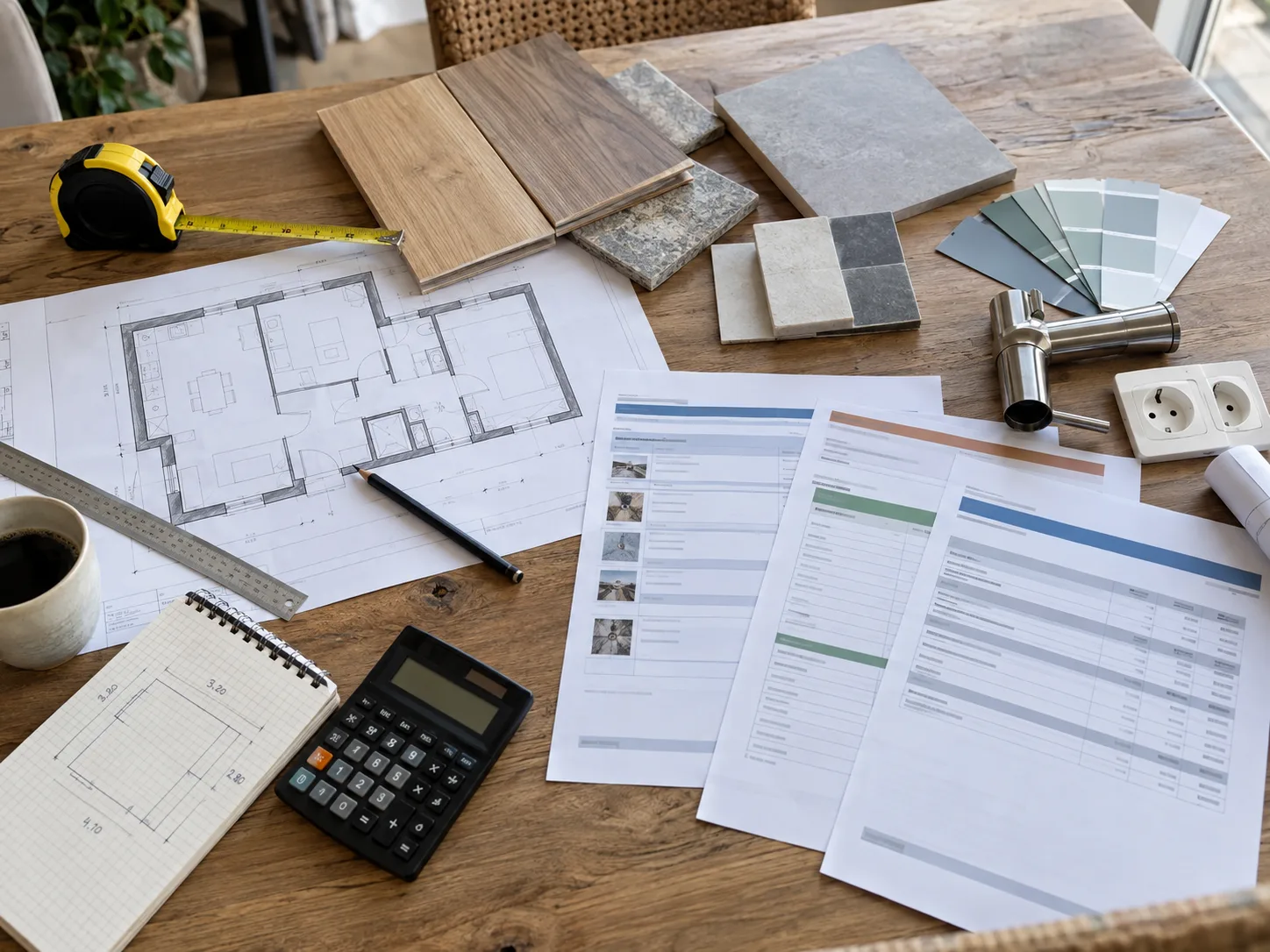 Estimation de budget travaux avec calculatrice, mètre ruban, échantillons de matériaux et plans de rénovation.