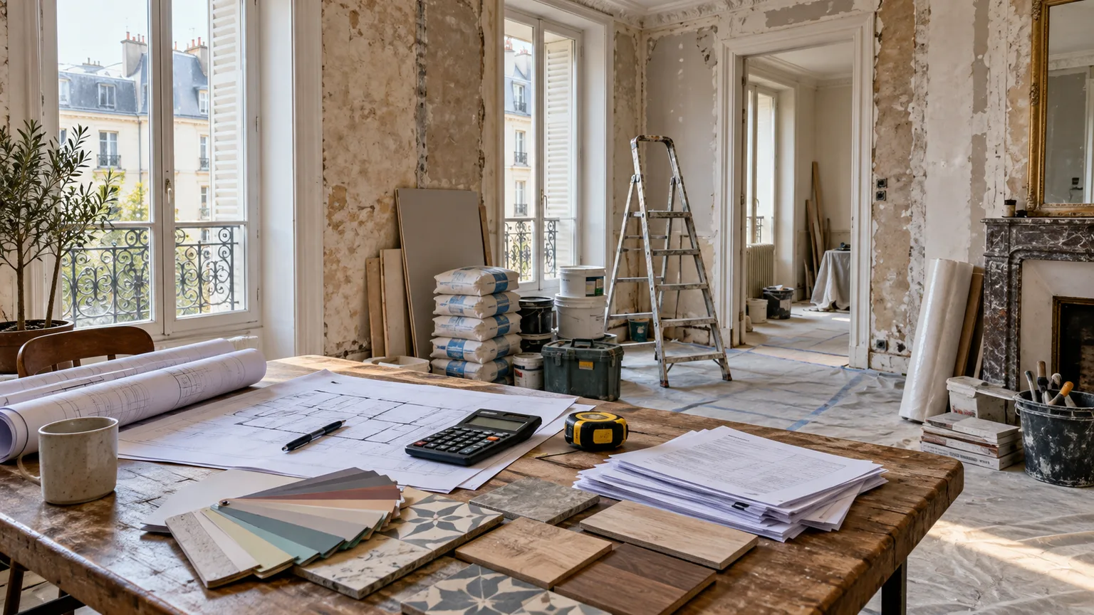 Rénovation d'une maison en France avec plans, matériaux et documents de budget sur un chantier intérieur.