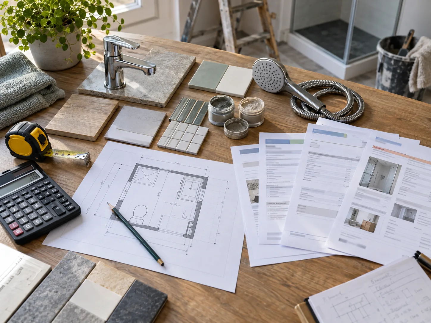 Budget de rénovation de salle de bain avec calculatrice, mètre ruban, plans et échantillons de carrelage.
