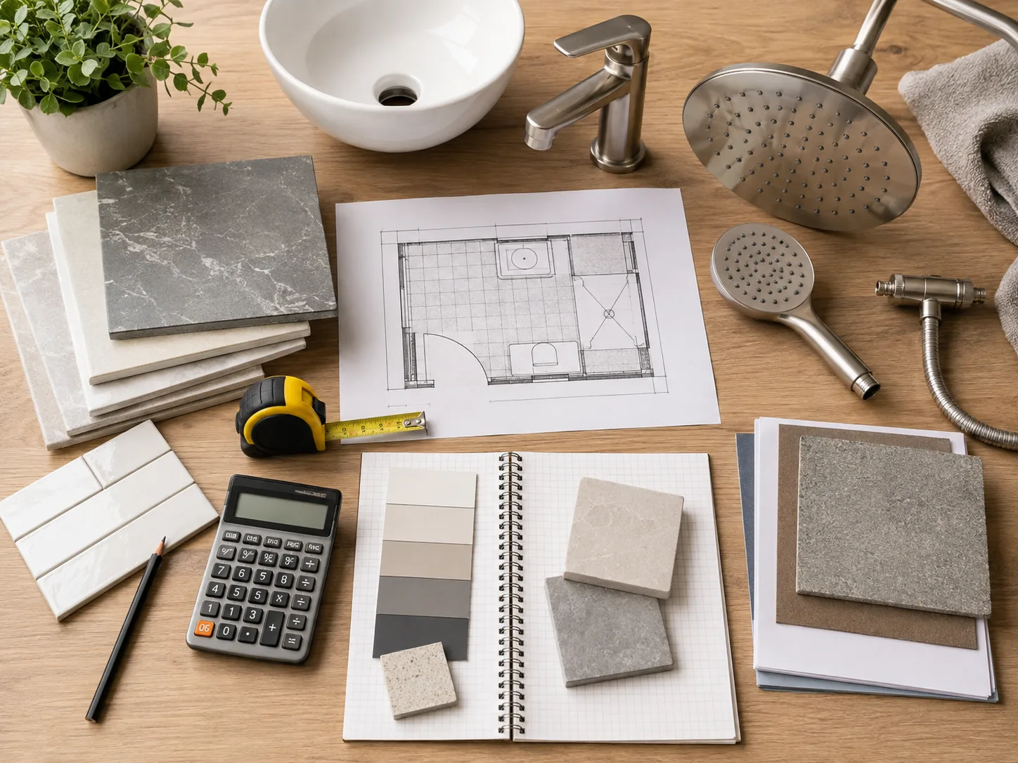 Badkamerrenovatiebudget met tegelstalen, kraanwerk, sanitairbrochures, meetlint, calculator en plattegrond.