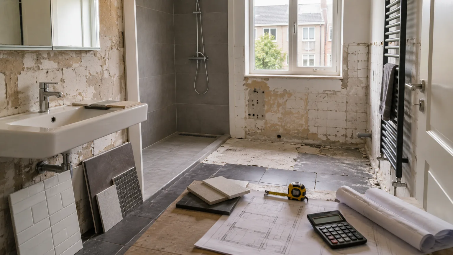 Een Nederlandse badkamer in verbouwing met tegelstalen, sanitairkeuzes, bouwtekeningen en budgetdocumenten.