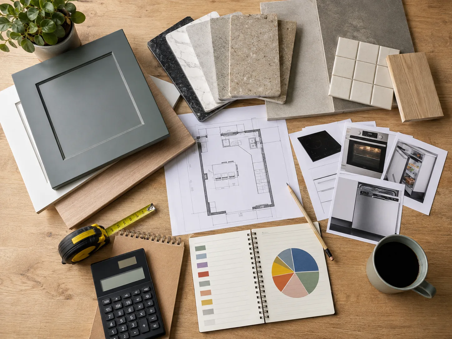Keukenrenovatiebudget met materiaalstalen, meetlint, calculator, apparatuurkeuzes en plattegrond op een werktafel.