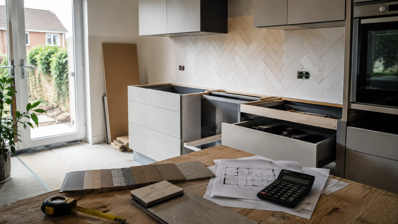Een Nederlandse keuken in verbouwing met kasten, werkbladstalen, bouwtekeningen en budgetdocumenten op het aanrecht.